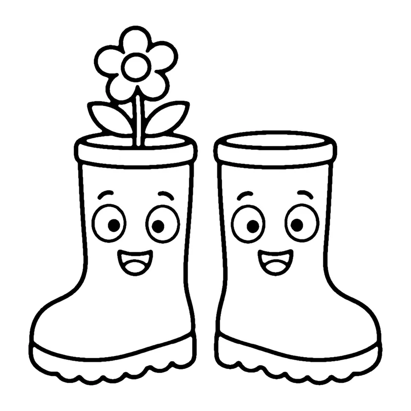 Line drawing of a pair of smiling rubber boots with a small flower growing out of one