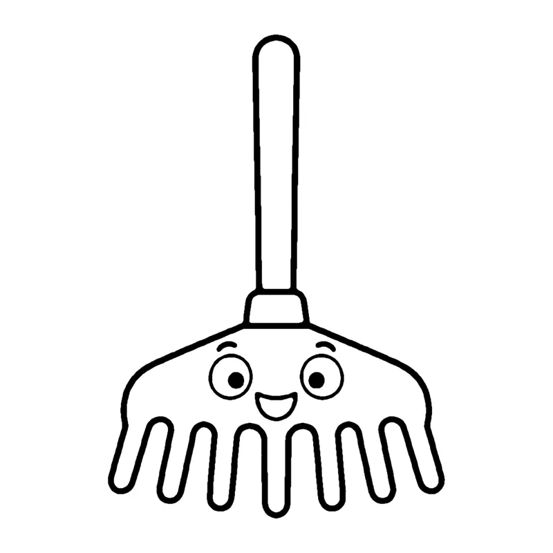Line drawing of a smiling garden rake with a long wooden handle and curved tines