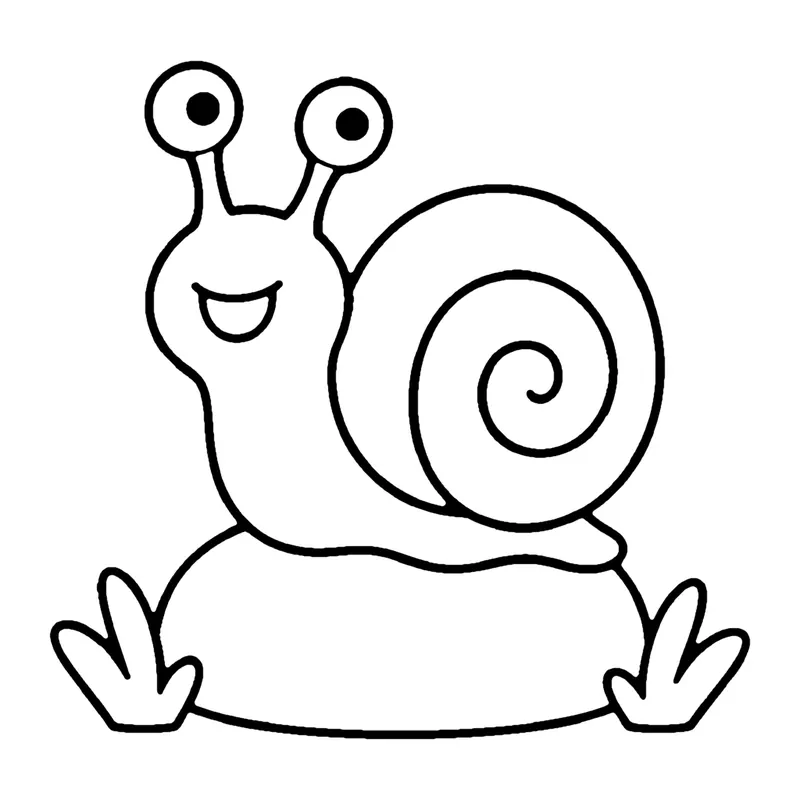 Line drawing of a smiling snail with a spiral shell resting on a mound between grass tufts