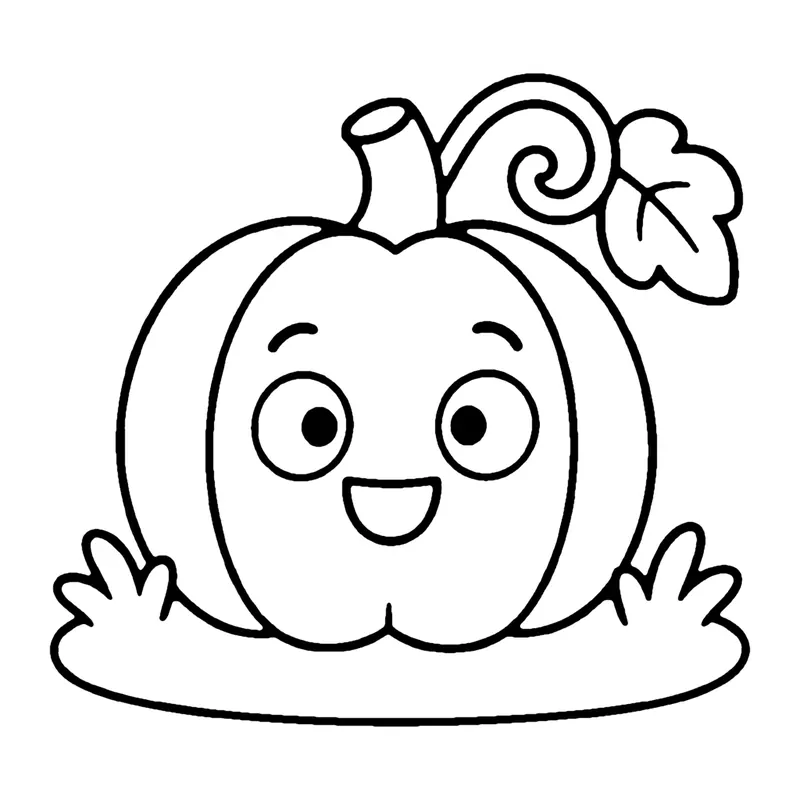 Line drawing of a smiling round pumpkin with a curly vine and leaf sitting on the grass