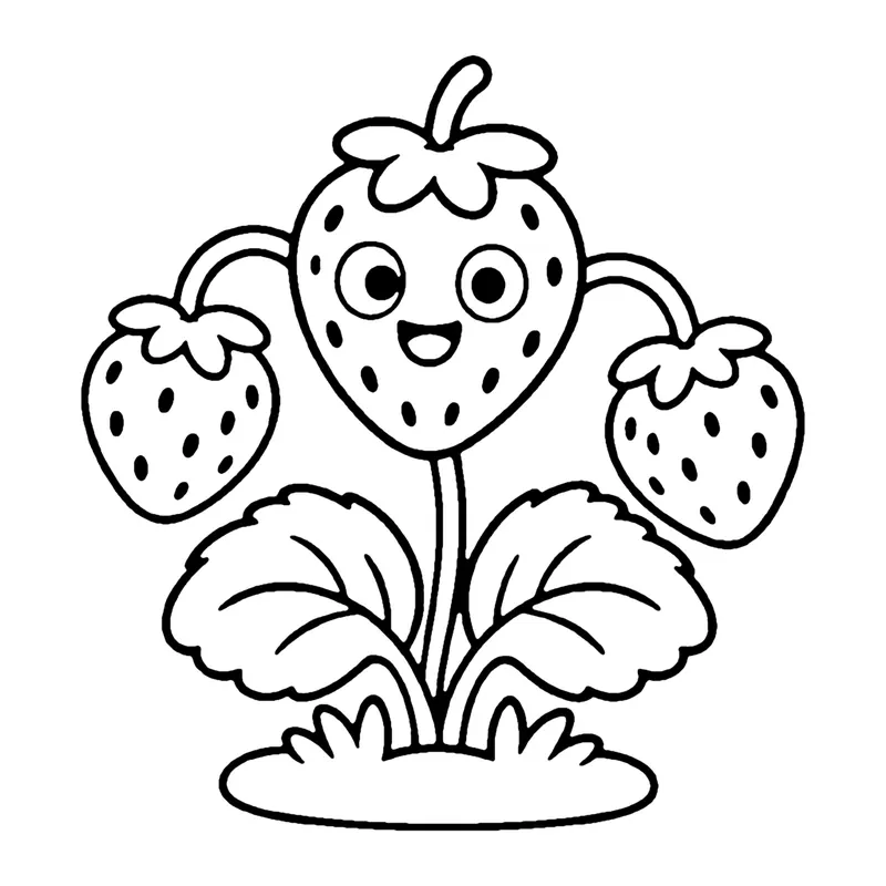Line drawing of a strawberry plant with three smiling strawberries hanging above its leaves
