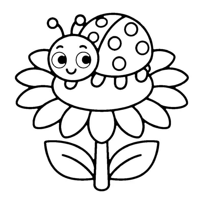 Line drawing of a smiling ladybug resting on top of a sunflower with big leaves