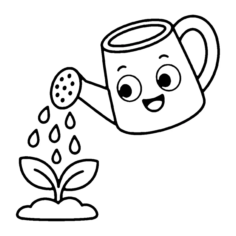 Line drawing of a smiling watering can pouring drops of water onto a small sprout
