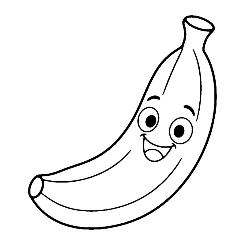Line drawing of a curved banana with a smiling face and a stem at the top