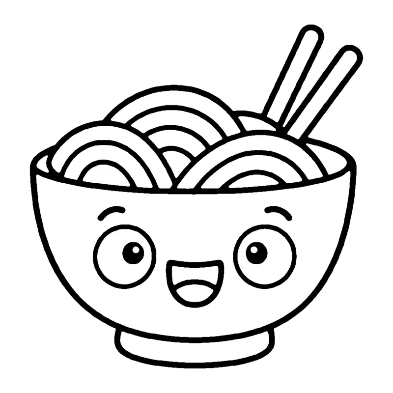 Line drawing of a smiling bowl full of swirly noodles with a pair of chopsticks