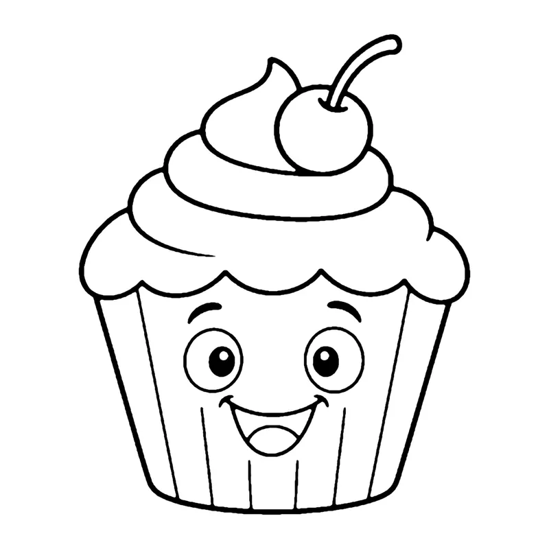 Line drawing of a smiling cupcake with swirled frosting, a cherry on top and a ridged paper liner