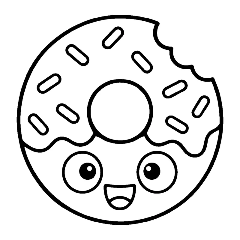 Line drawing of a smiling donut with a bite taken out, covered in frosting and sprinkles