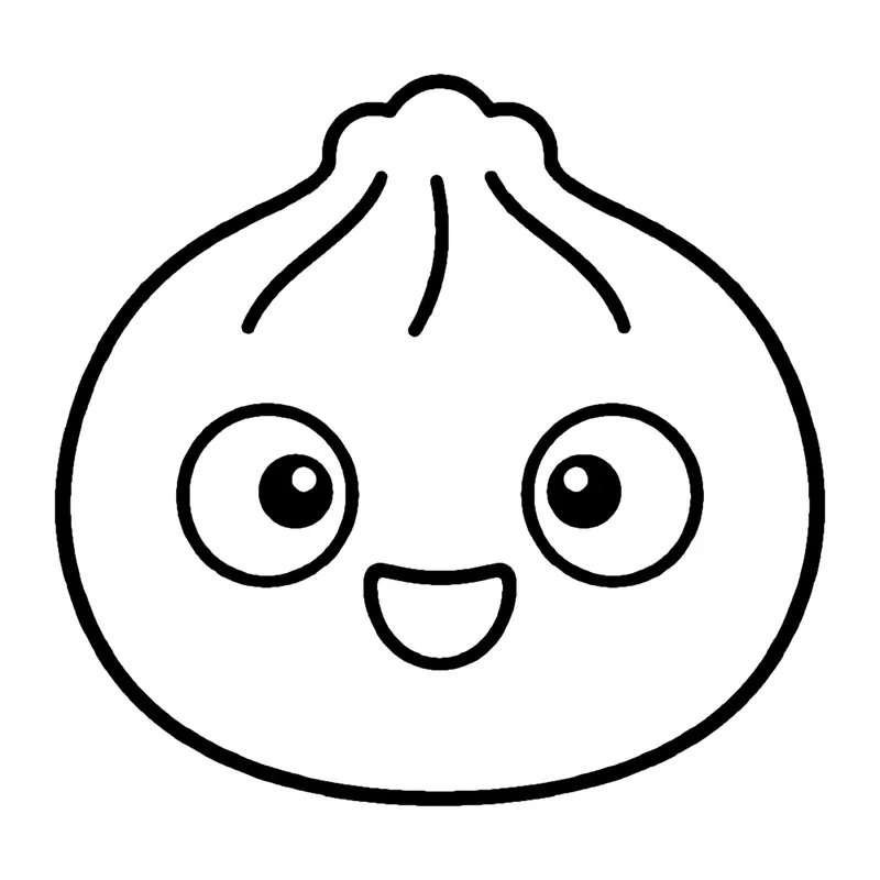 Line drawing of a round steamed dumpling with pleated folds on top and a smiling face