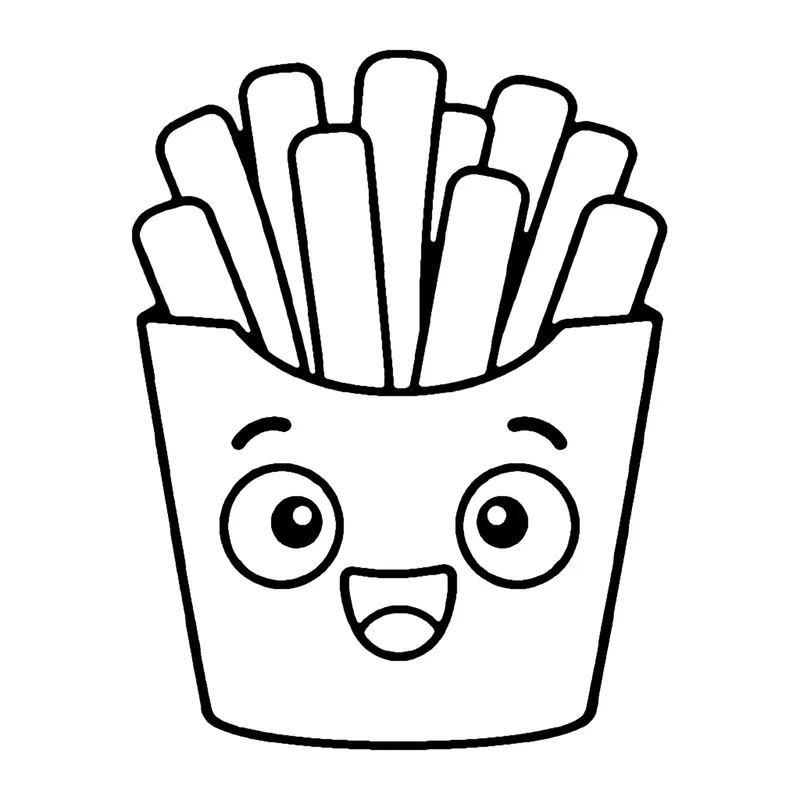 Line drawing of a smiling carton filled with tall French fries sticking out of the top
