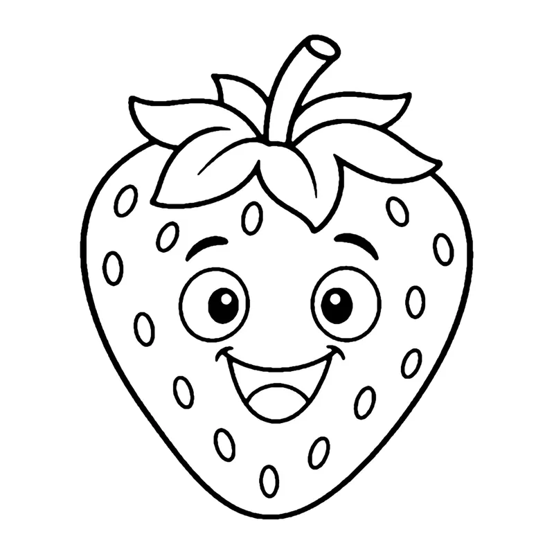 Line drawing of a smiling strawberry dotted with small seeds and topped with a leafy green crown