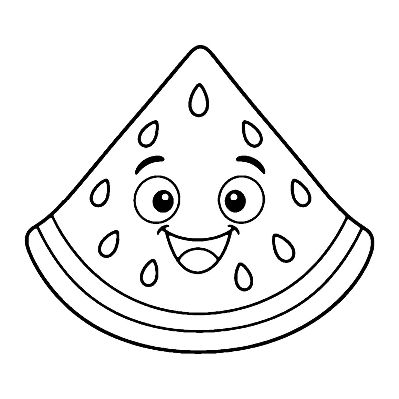 Line drawing of a smiling triangle watermelon slice with teardrop seeds and a curved rind