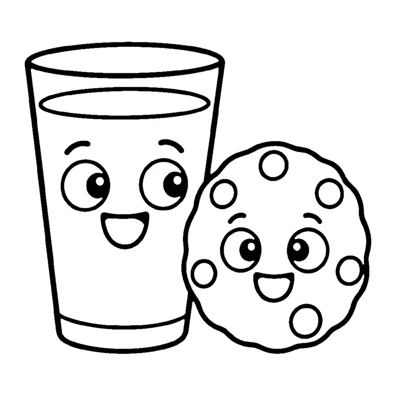 Line drawing of a smiling glass of milk next to a smiling round chocolate chip cookie