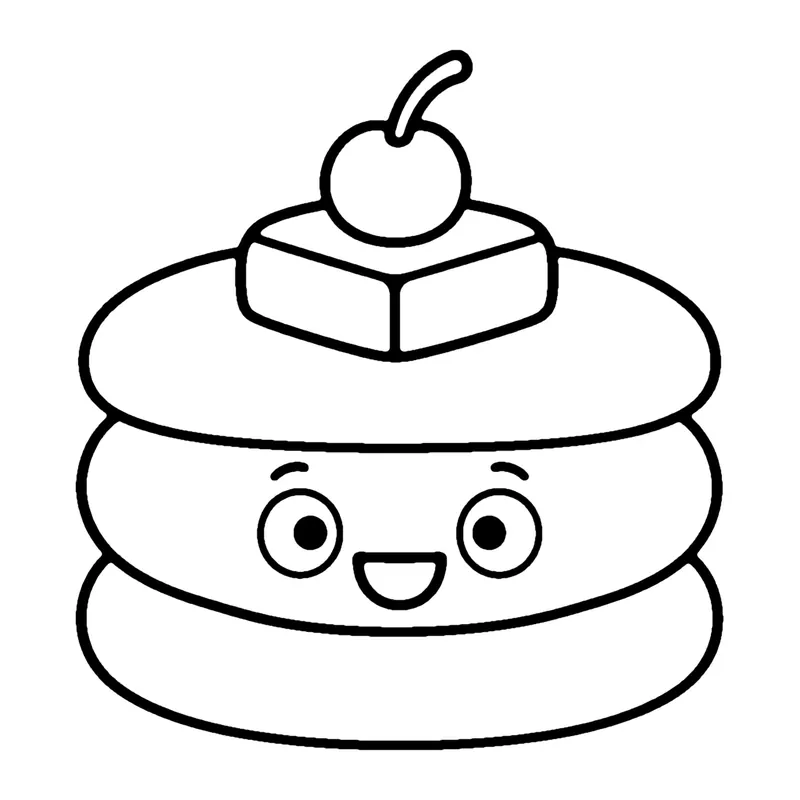 Line drawing of a stack of three smiling pancakes with a square of butter and a cherry on top