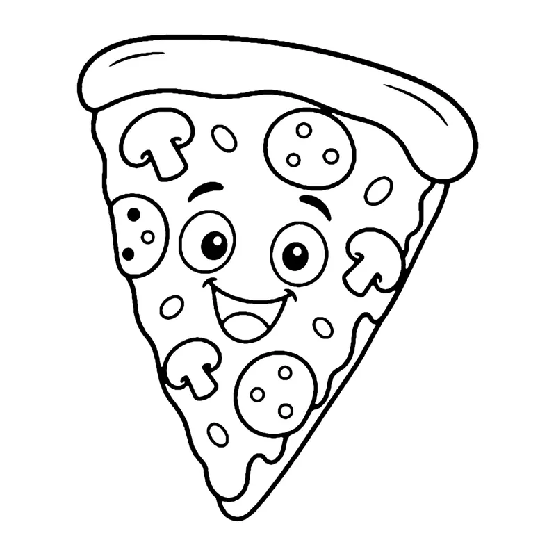 Line drawing of a smiling pizza slice topped with round pepperoni, mushrooms and melted cheese drips