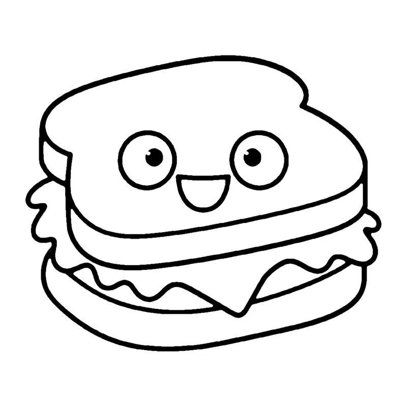 Line drawing of a smiling sandwich made of two bread slices with wavy lettuce and a filling