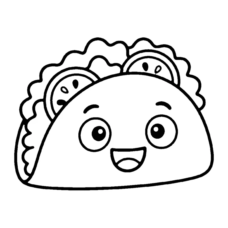 Line drawing of a smiling taco shell filled with lettuce and round tomato slices