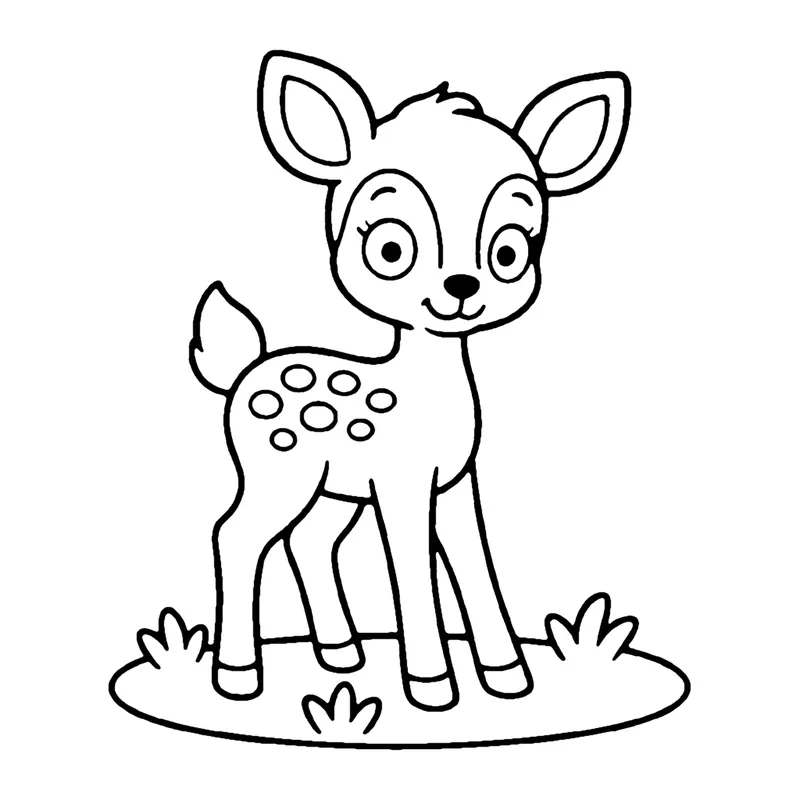 Line drawing of a spotted baby deer with big ears standing on a patch of grass
