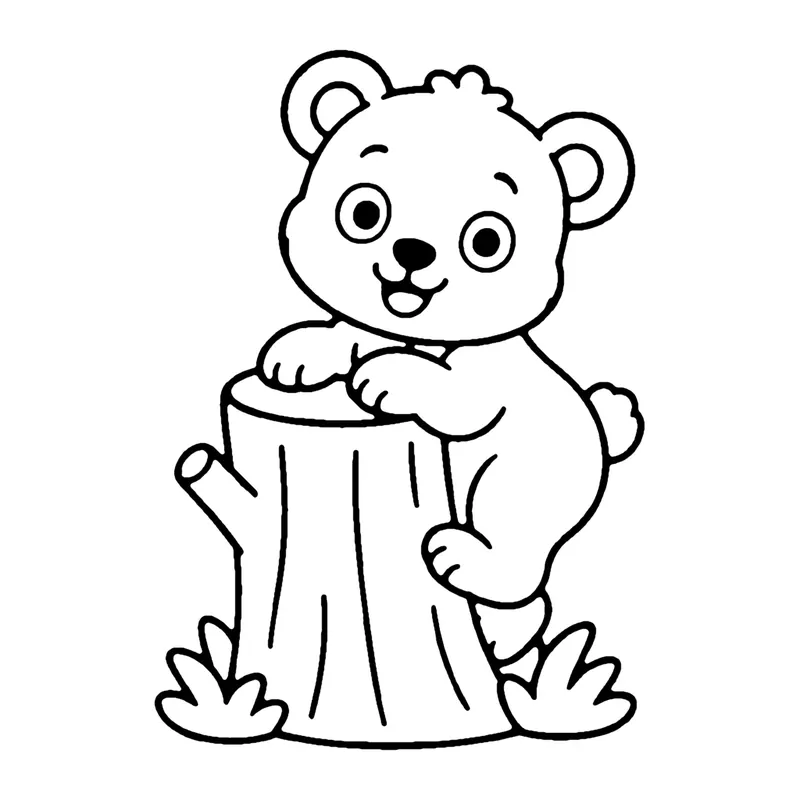Line drawing of a little bear cub climbing up the side of a tree stump