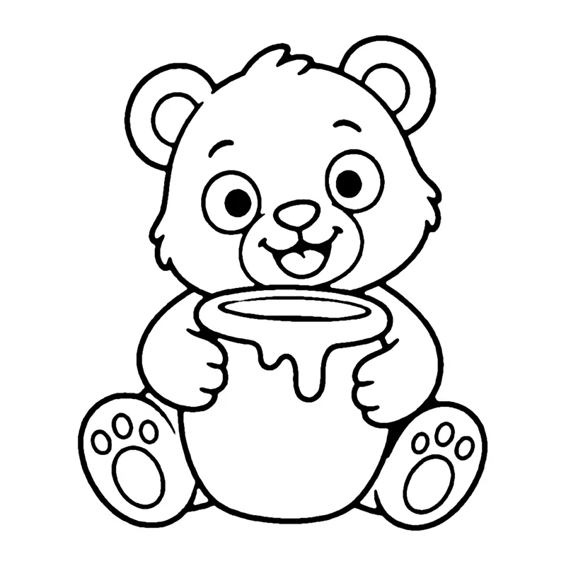 Line drawing of a smiling bear sitting down and hugging a honey pot dripping with honey