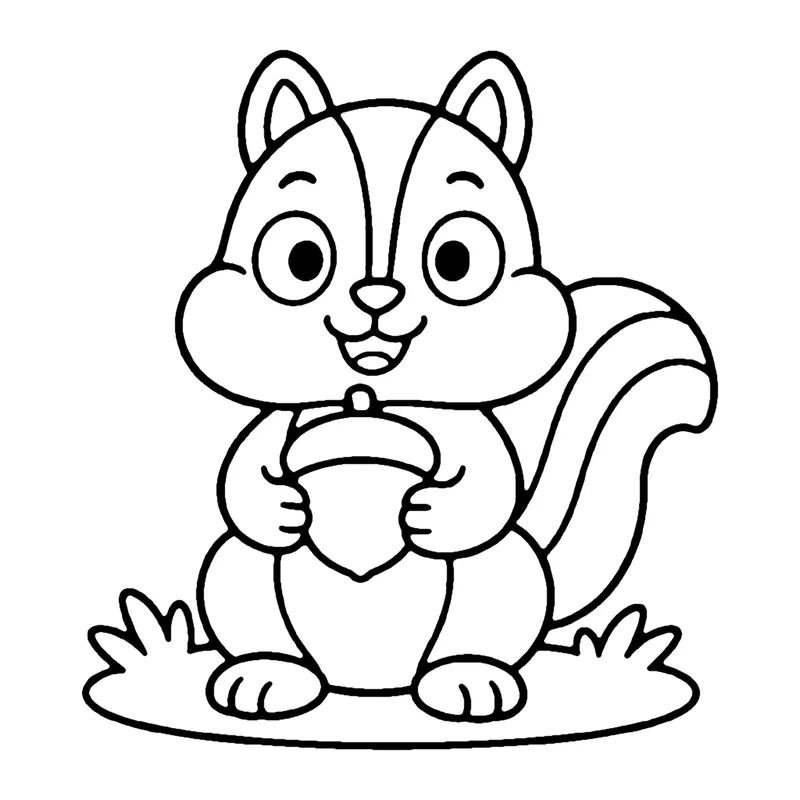Line drawing of a striped chipmunk holding an acorn with a striped tail behind it