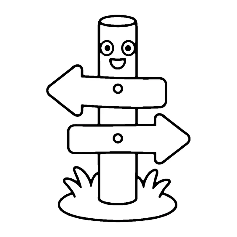 Line drawing of a smiling wooden signpost with two arrow signs pointing in opposite directions