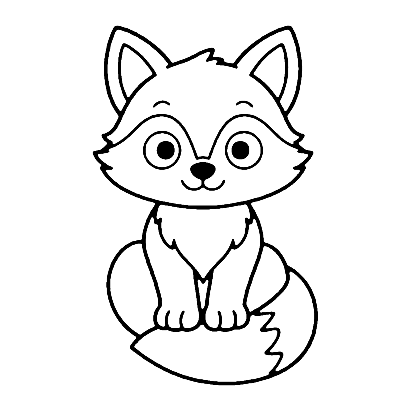 Line drawing of a little fox sitting upright with pointed ears and a big bushy tail curled at its feet