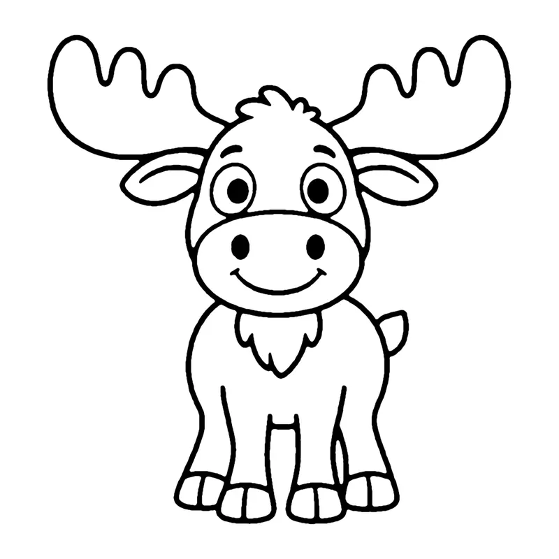 Line drawing of a smiling moose standing with wide flat antlers and a little tuft under its chin