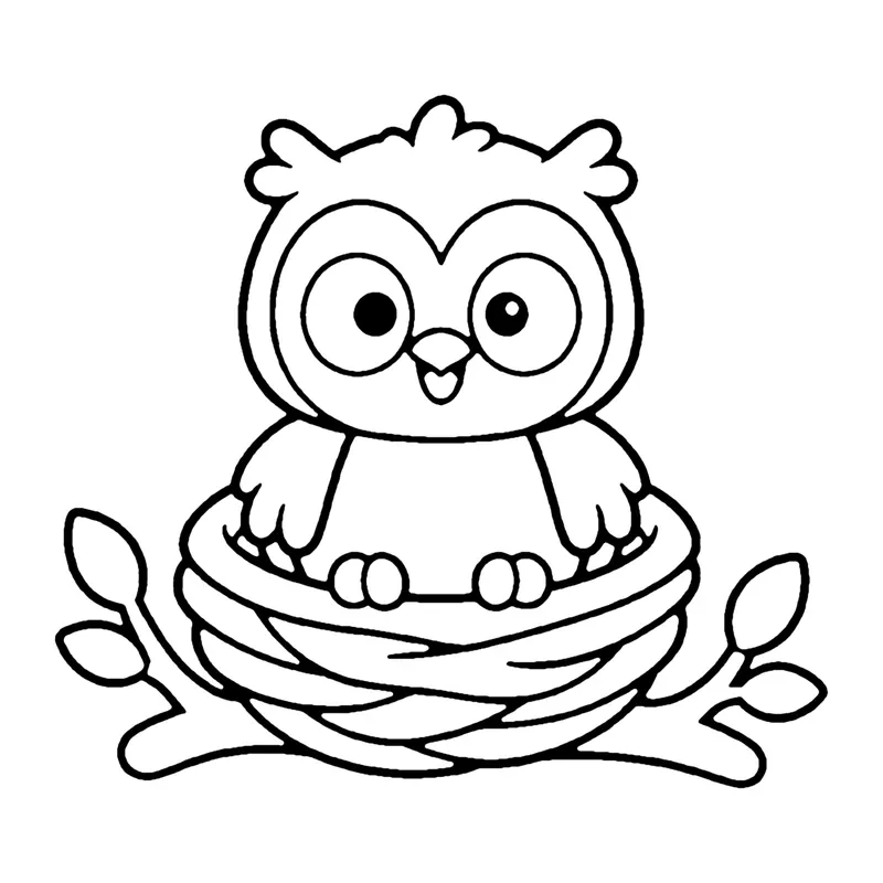 Line drawing of a round owl with big eyes and feather tufts sitting in a woven nest on a branch