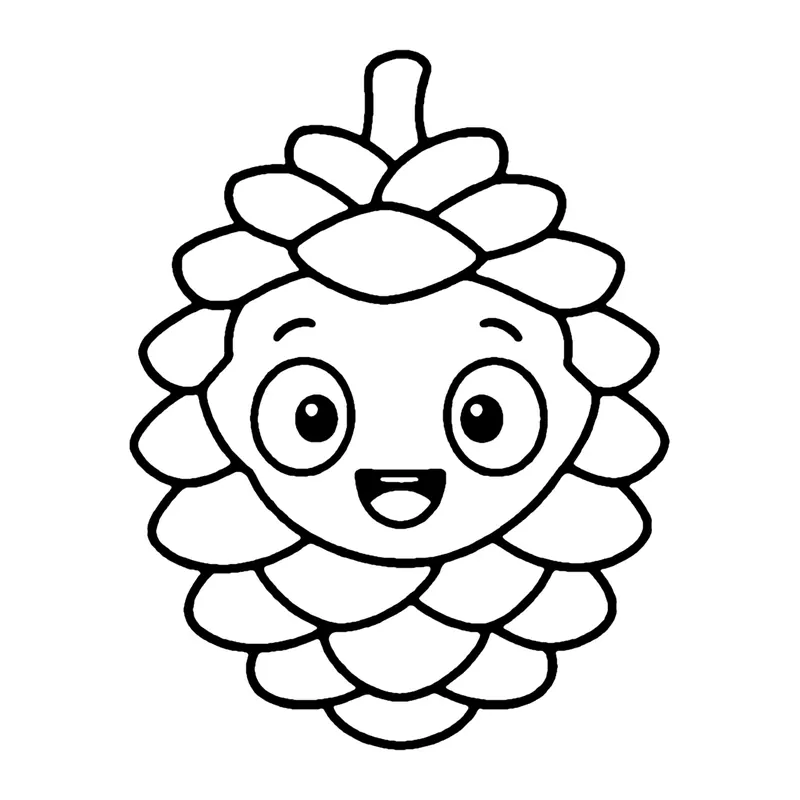 Line drawing of a smiling pinecone covered in overlapping scales
