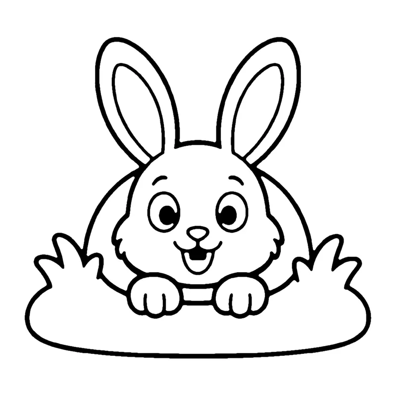 Line drawing of a bunny with tall ears peeking out of a burrow hole with grass around it
