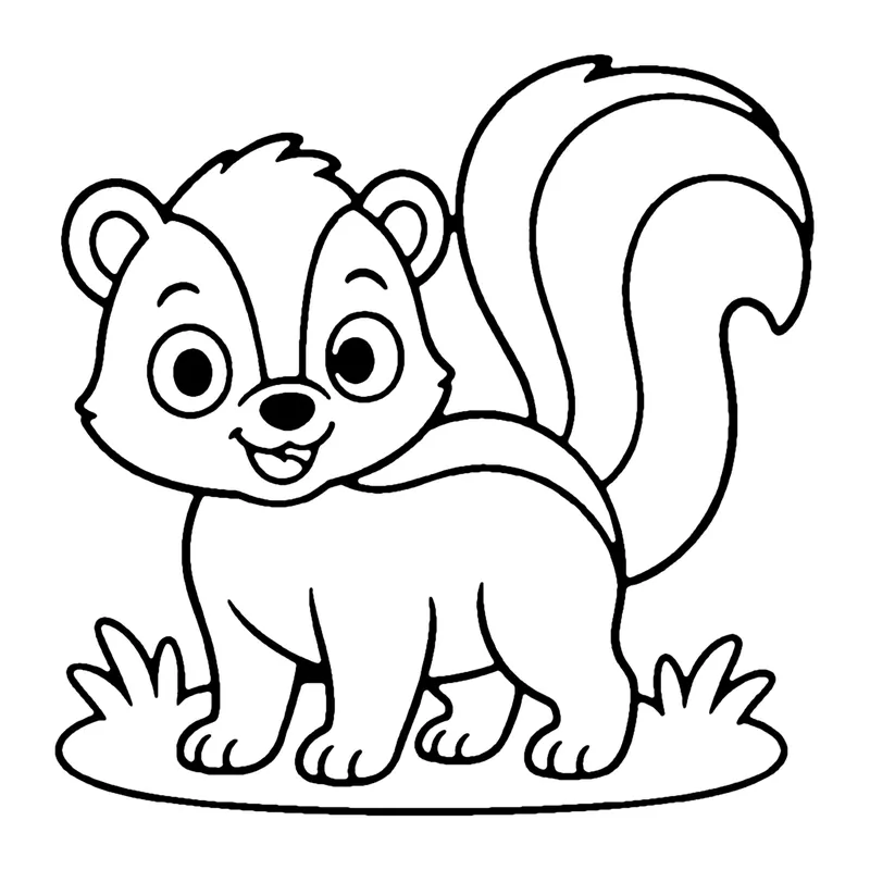Line drawing of a smiling skunk with a white stripe and a big fluffy tail standing on grass