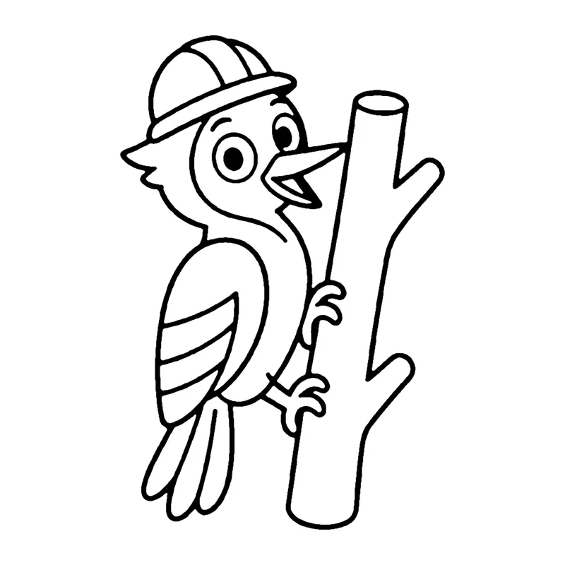 Line drawing of a woodpecker wearing a hard hat perched on the side of a tree branch