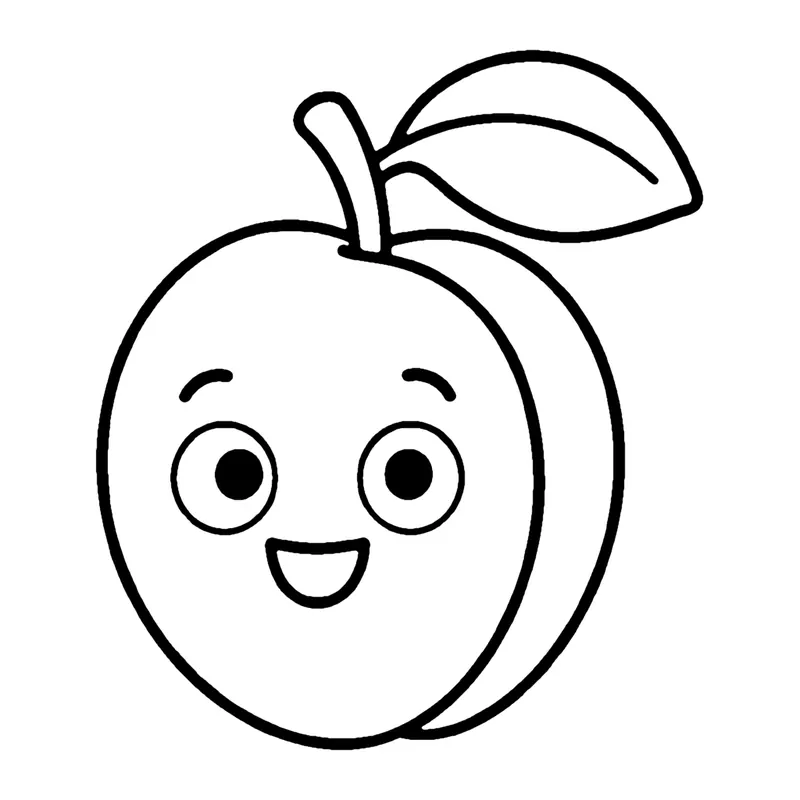 Line drawing of a small smiling apricot with a crease, a stem and a leaf