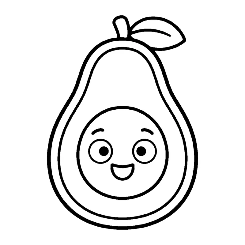 Line drawing of an avocado cut in half with a smiling face on the round pit