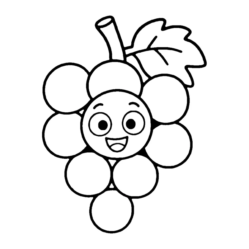 Line drawing of a bunch of round grapes with a smiling face on one grape and a leaf at the top