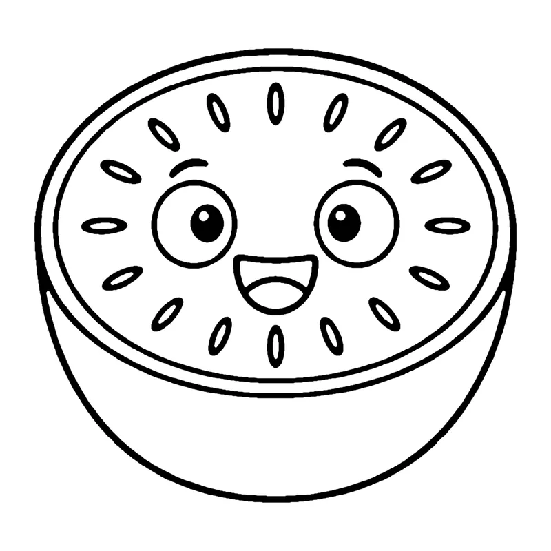 Line drawing of a smiling kiwi fruit cut in half showing a ring of small seeds
