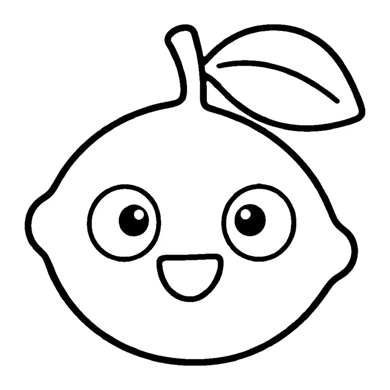 Line drawing of a round smiling lime with small bumps at each end and a leaf
