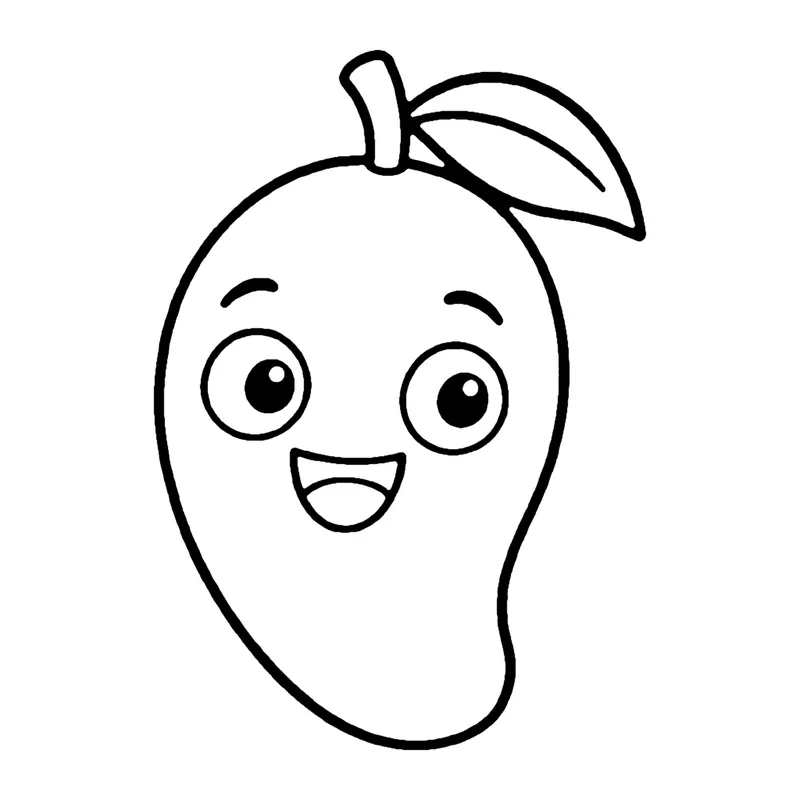 Line drawing of a smiling mango with a curved shape, a short stem and a leaf