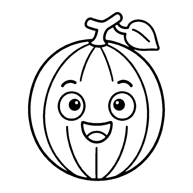 Line drawing of a smiling striped melon with a curly stem and a leaf