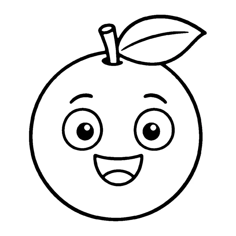 Line drawing of a round smiling orange with a short stem and one leaf