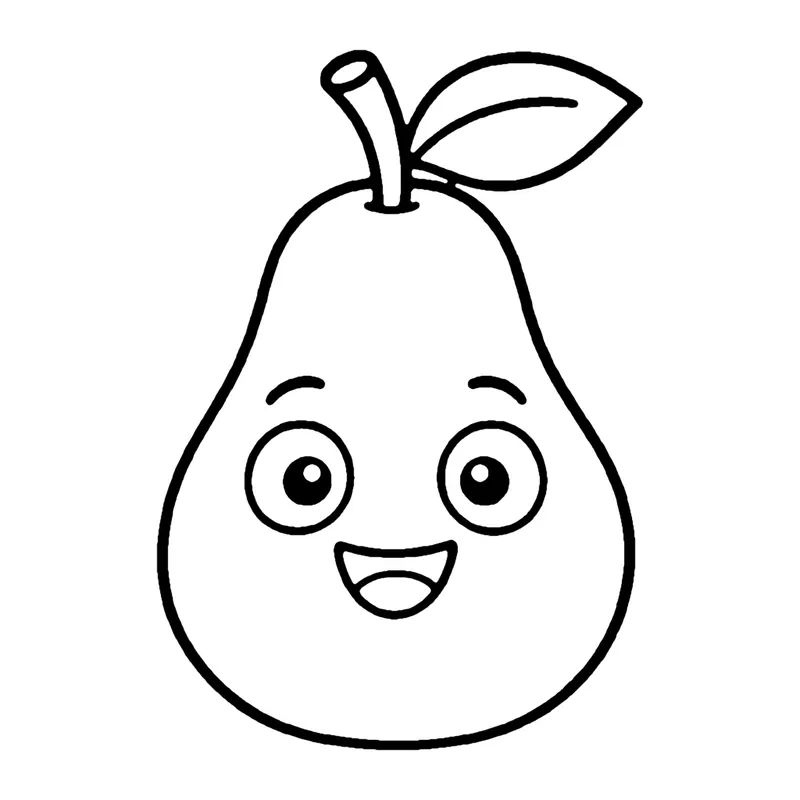 Line drawing of a smiling pear with a rounded bottom, a stem and a leaf