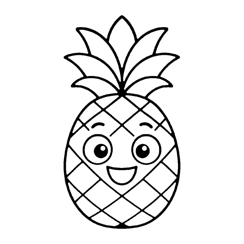 Line drawing of a smiling pineapple with a crisscross pattern and a spiky leafy crown