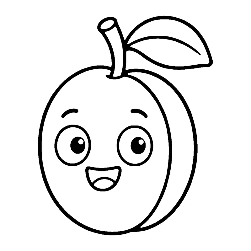 Line drawing of a smiling plum with a crease, a short stem and a leaf