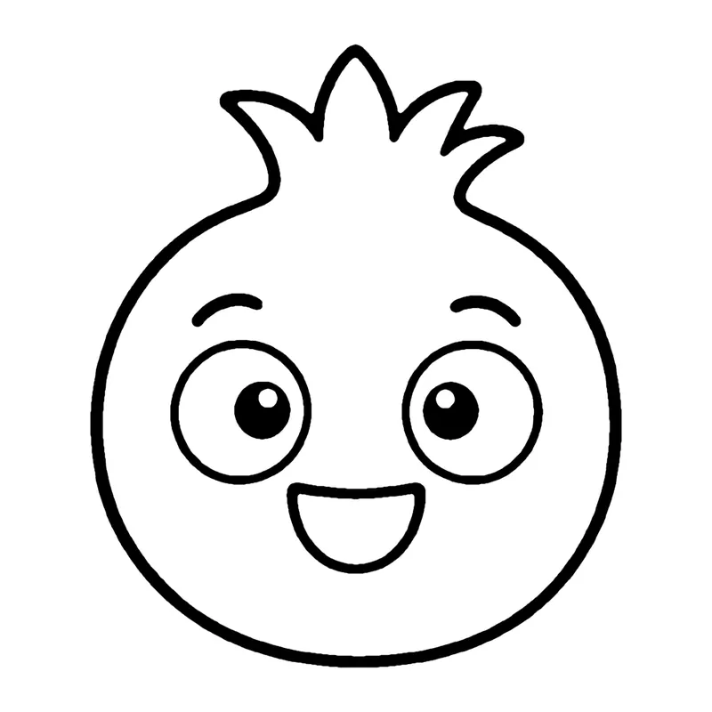 Line drawing of a round smiling pomegranate with a pointed crown on top