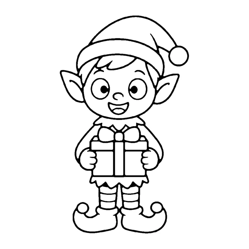 Line drawing of a smiling elf with pointed ears and a pom-pom hat holding a wrapped present