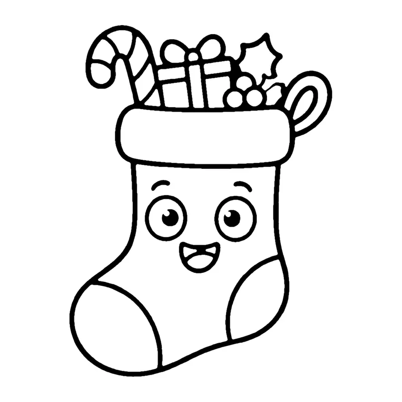 Line drawing of a smiling Christmas stocking filled with a candy cane, a present and holly