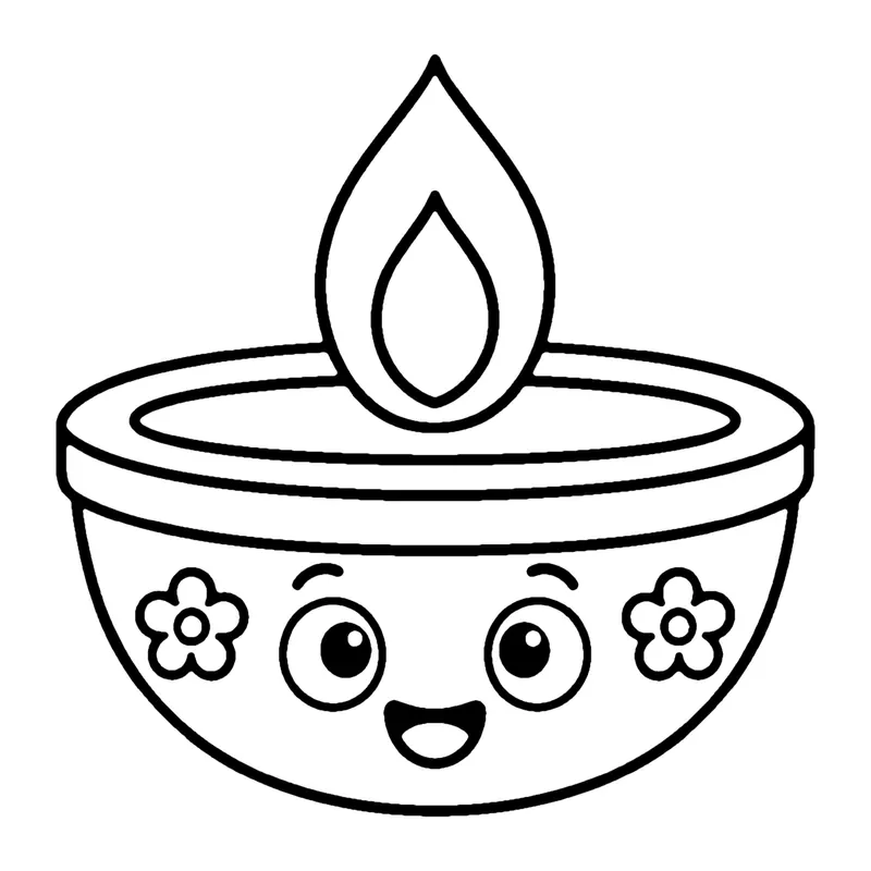 Line drawing of a smiling clay diya lamp decorated with flowers, with a single flame burning on top