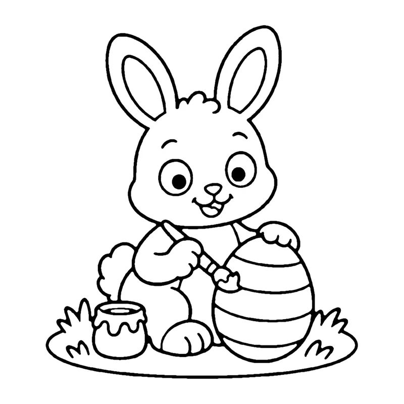 Line drawing of a bunny holding a paintbrush and decorating a big striped egg in the grass