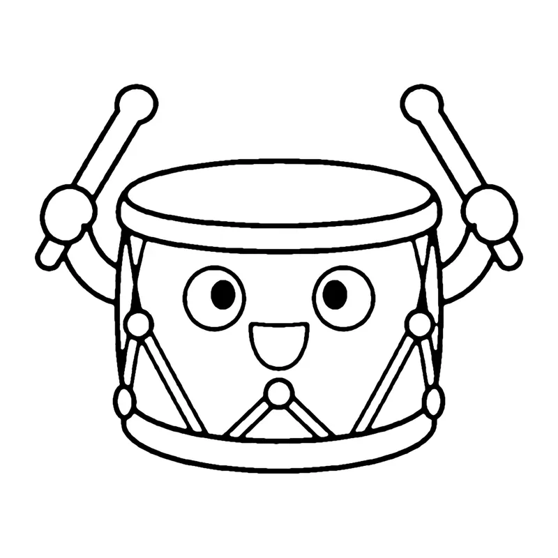 Line drawing of a smiling drum with a crisscross rope pattern and two drumsticks raised above it