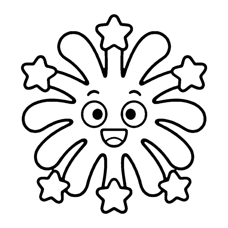 Line drawing of a smiling firework burst with rounded rays and little stars around it